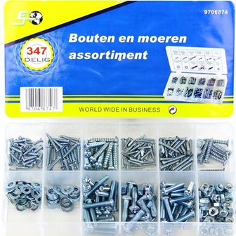 Bouten, moeren en schroeven, assortiment 347 delig