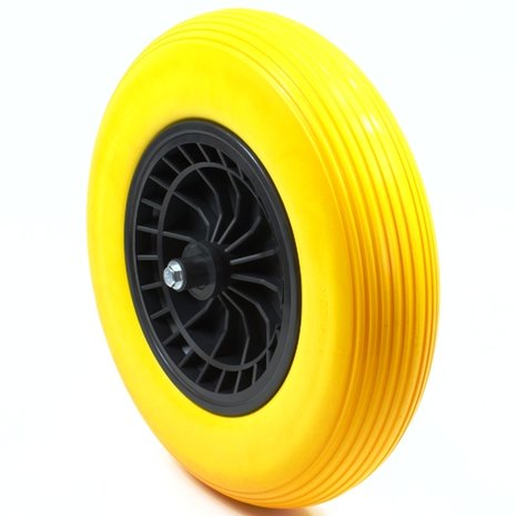 Wiel kpl. 400 x 8  ANTI-LEK gele PU band met donker grijs plastic velg